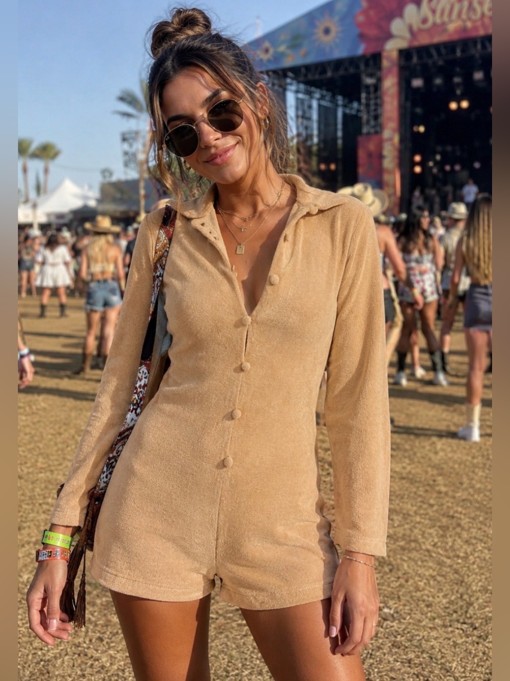 Brand new! Beige Terry Cloth Button-Front Romper
